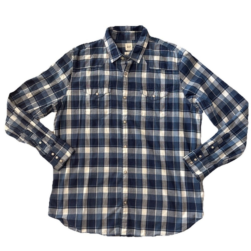 GAP Men's Slim Fit Plaid Long Sleeve Button Up Shirt XL Blue White